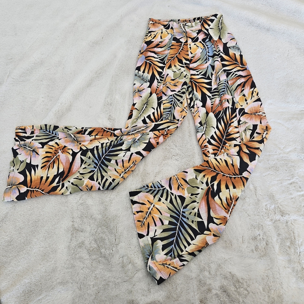 Billabong Tropical Print Pants Open Leg Wide Leg Flowy - Orange, Green, Black